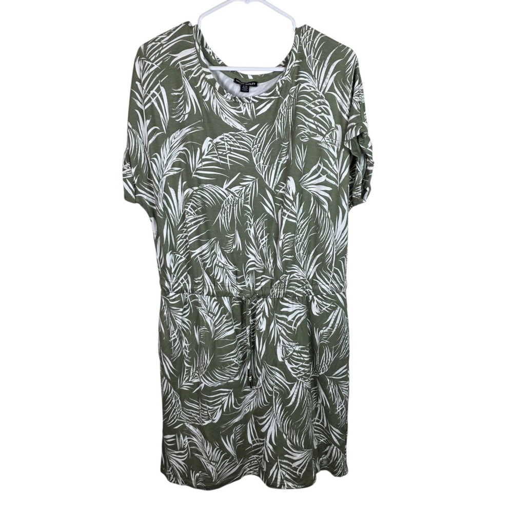 Hilary Radley T-Shirt Dress Women L Green White Good Tropical Palm elastic waist